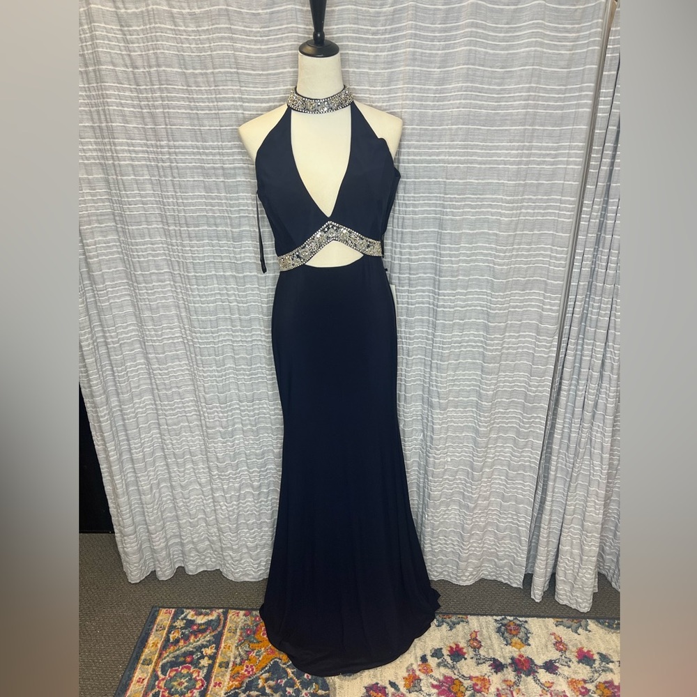 Rachel Allan Navy Backless Gown with Silver Accents
